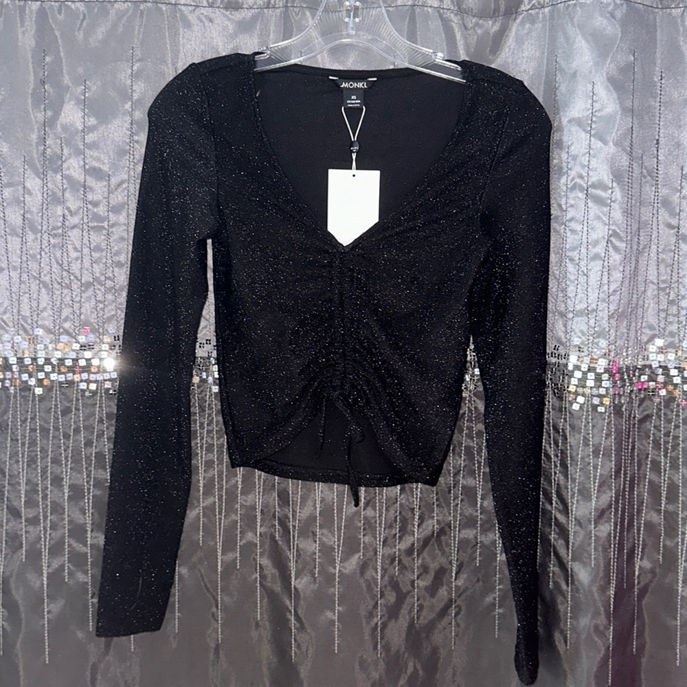 Black Sparkly Ruched Cropped Long Sleeve